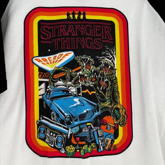 Stranger Things Baseball Tee Size Medium Arcade Cotton Netflix White Black - Picture 2 of 5